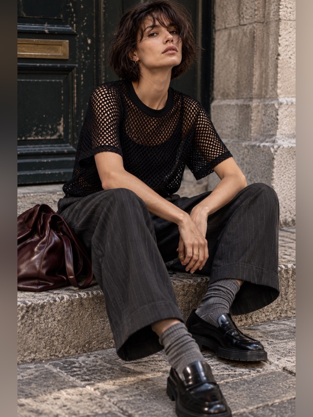 Black Mesh Layered Top Built In Cami Exposed Zip Banana Republic S